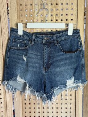 Risen High Rise Distressed Denim Shorts Frayed Hem Size Large